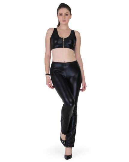 PU Leather Top Casual Pants Set with Zipper