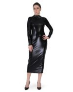 Women Bodycon long Sleeves Pu Full Leather Solid Midi Dress