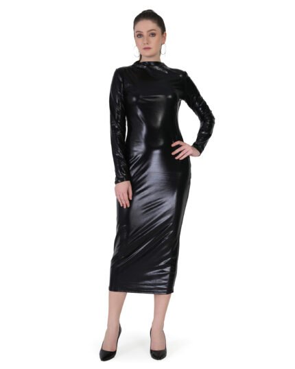 Women Bodycon long Sleeves Pu Full Leather Solid Midi Dress
